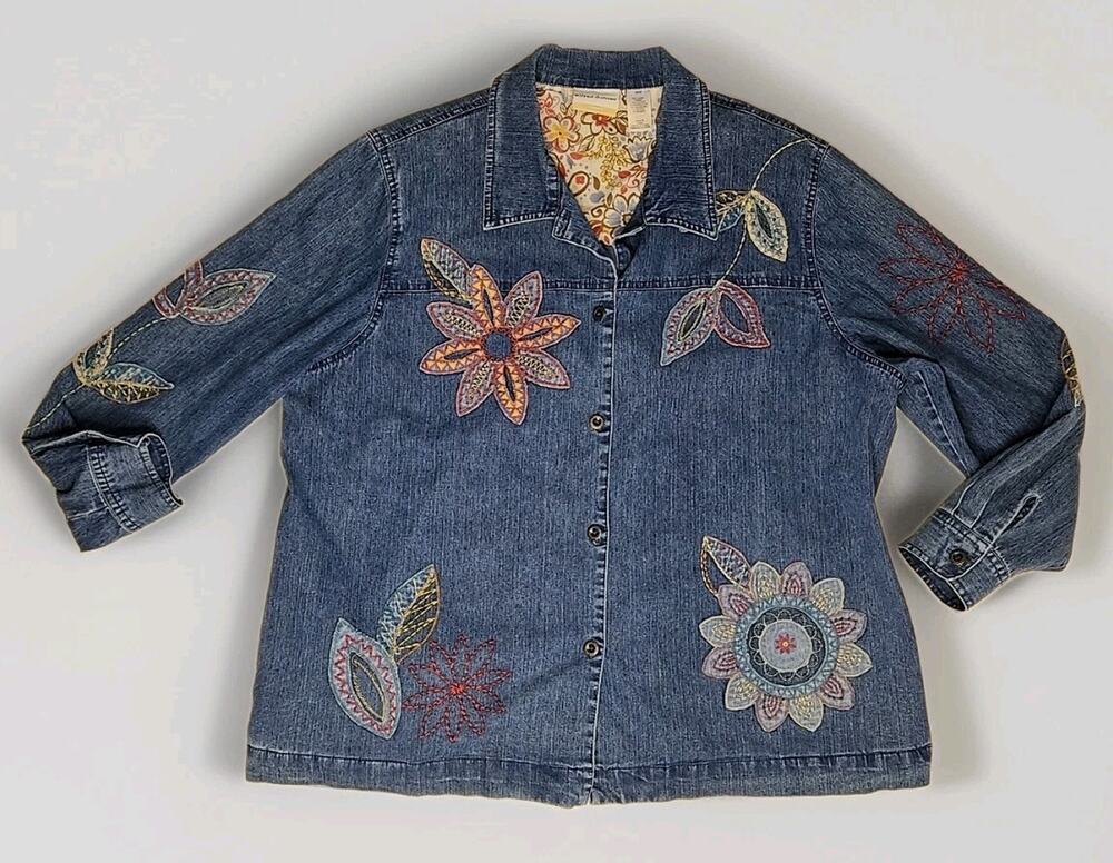 Alfred Dunner Embroidered Denim Jacket Women's 20 Floral Beaded Vintage